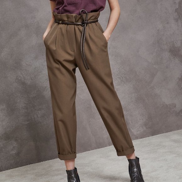 Brunello Cucinelli Pants - NWOT Brunello Cucinelli tan wool & cotton gabardine Paper Bag pants w/belt 38, 2